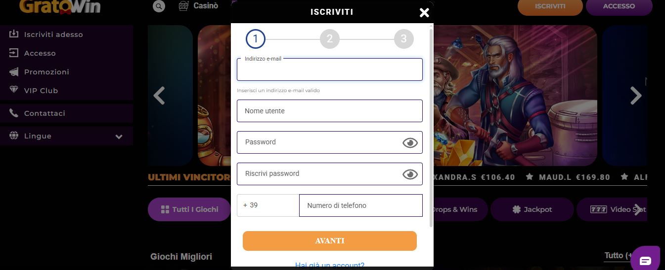 Registrati su GratoWin inserendo i tuoi dati personali